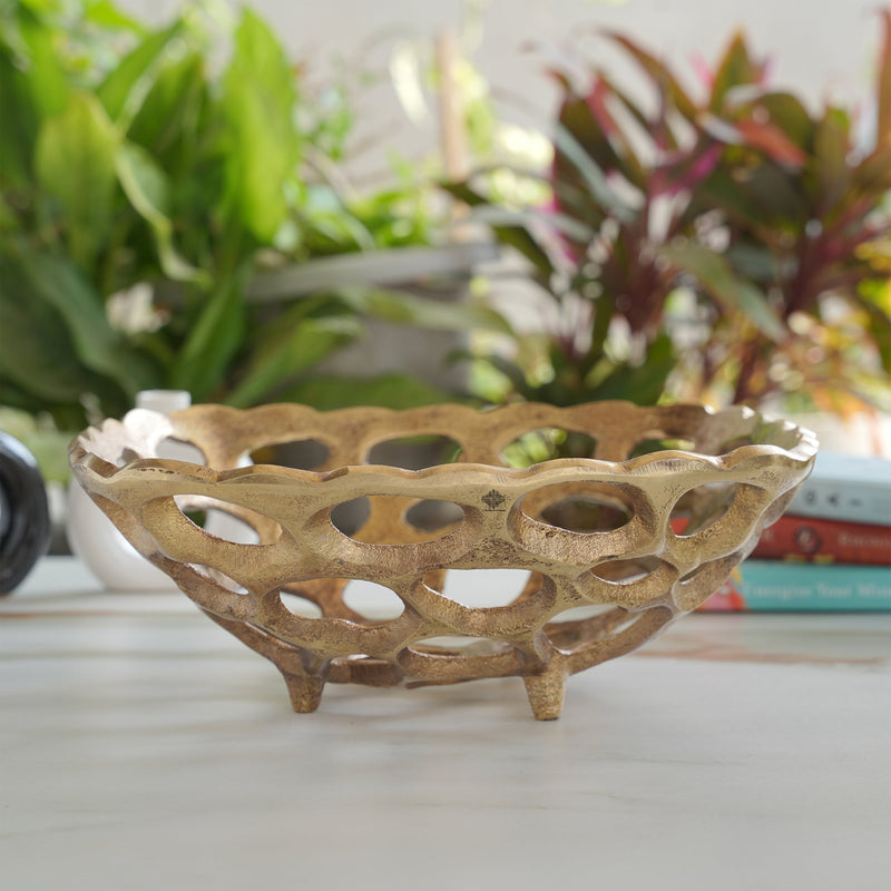 Brass Finish Hollow Design Fruit Basket,12 Inches Length