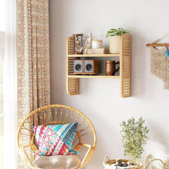 Wall Mounted Rattan 2-Tier Wooden Storage Shelf-Set of 2