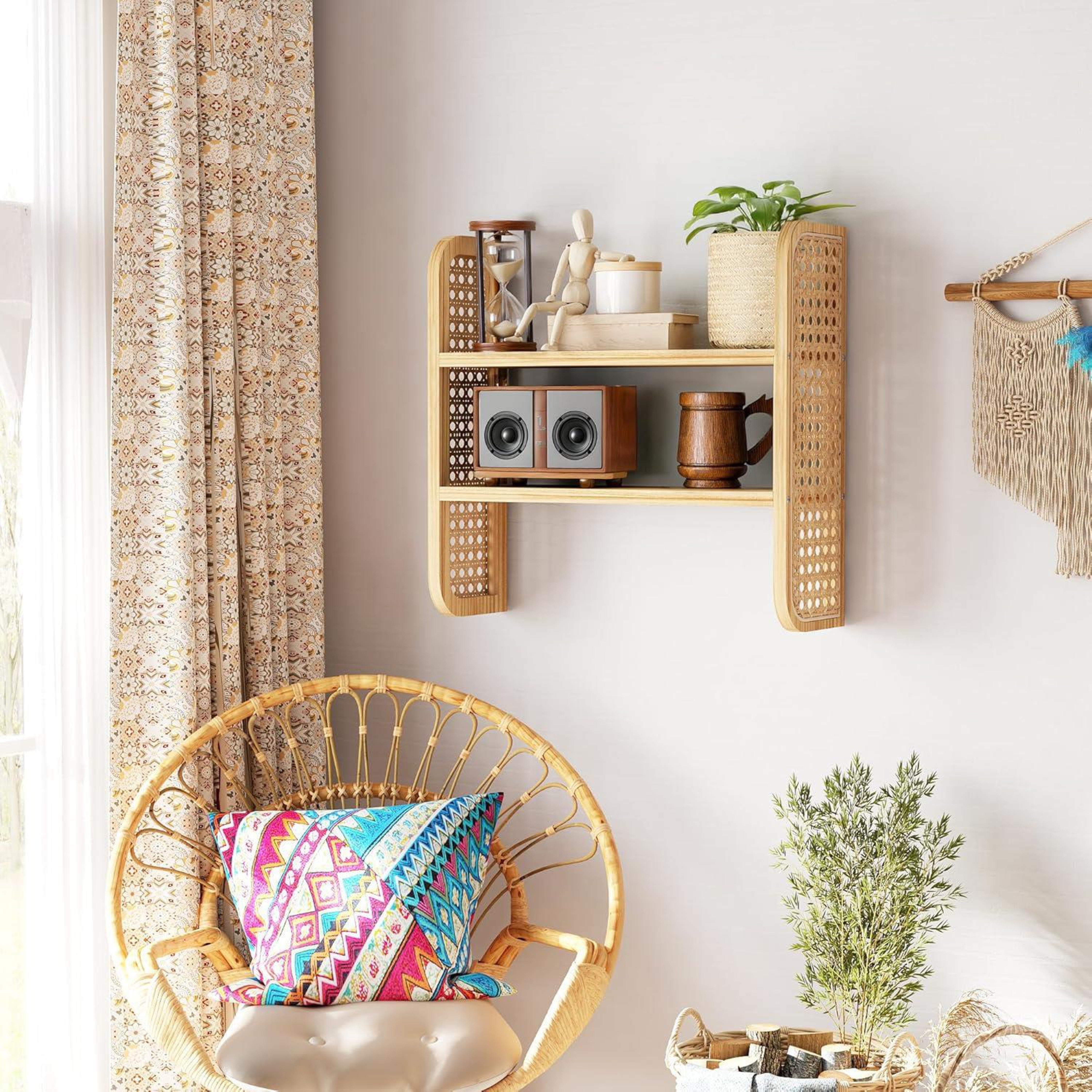 Wall Mounted Rattan 2-Tier Wooden Storage Shelf-Set of 2