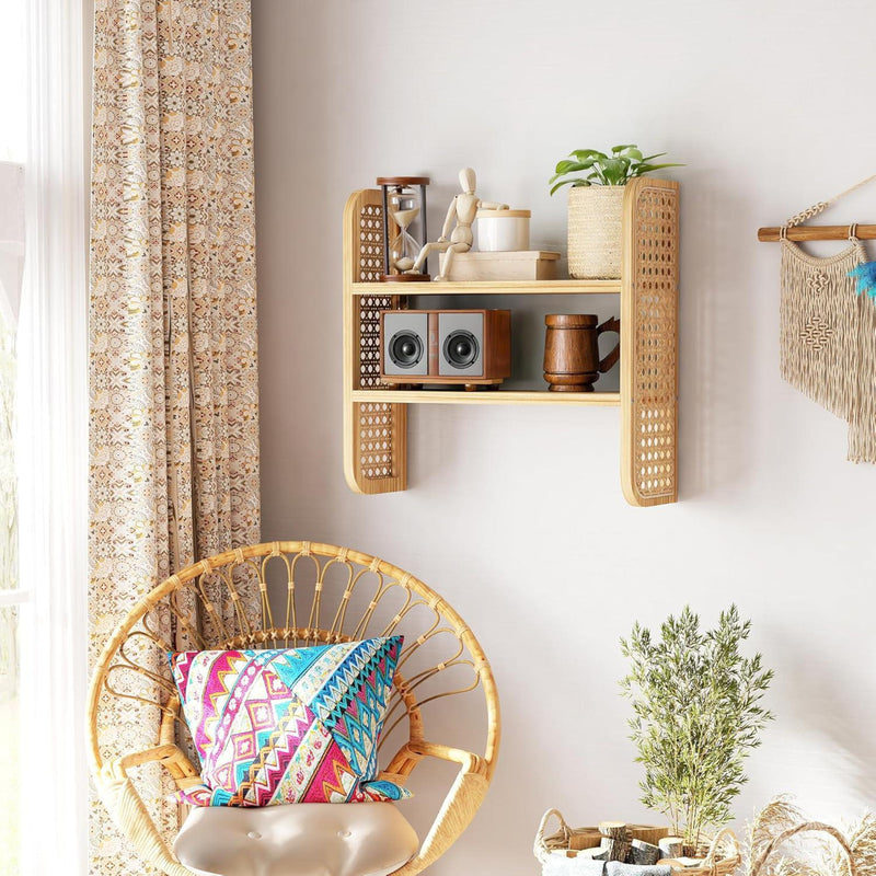 Wall Mounted Rattan 2-Tier Wooden Storage Shelf-Set of 2