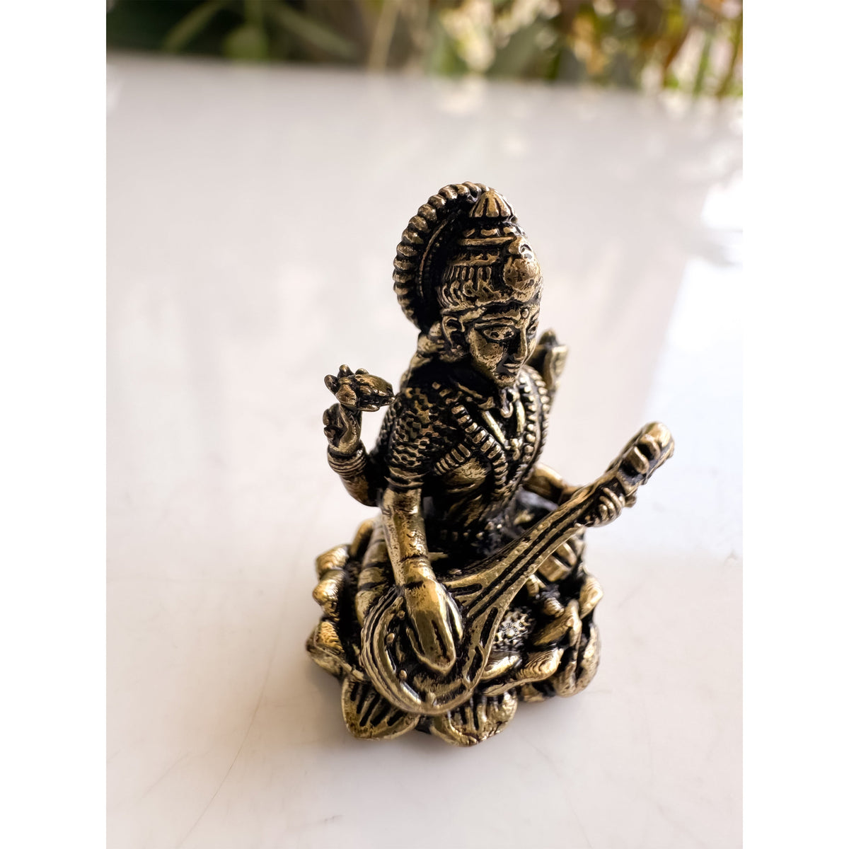 Pure Brass Miniature Saraswati Ji Murti Sitting On Lotus - 2.54 cm