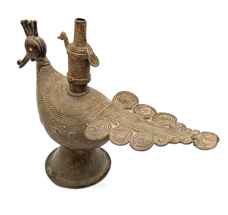 Brass Antique Oil Lamp, Vintage Pital Vilakku Diya, Handcrafted Temple Deepam of Goddess Lakshmi, Gold, 6.5 Inch, 1 Piece