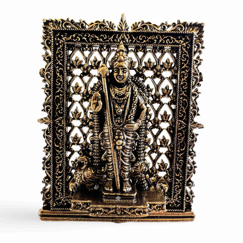 Pure Brass Miniature Murugan Ji Murti with Ornate Border - 7.37 cm
