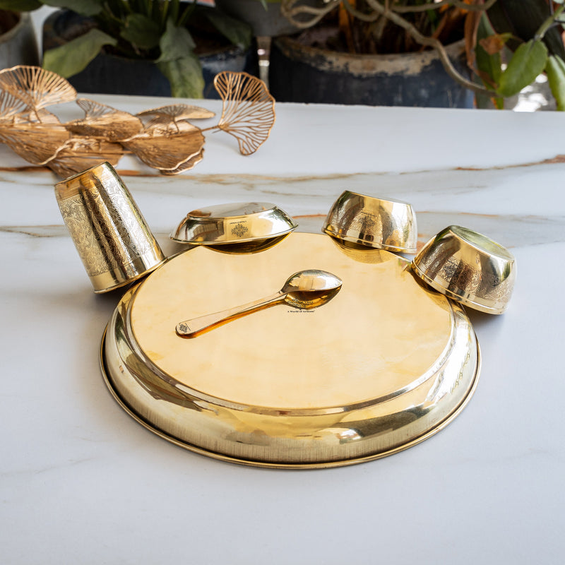 Brass Embossed Design Thali Set - Gold Dining & Gifting Set