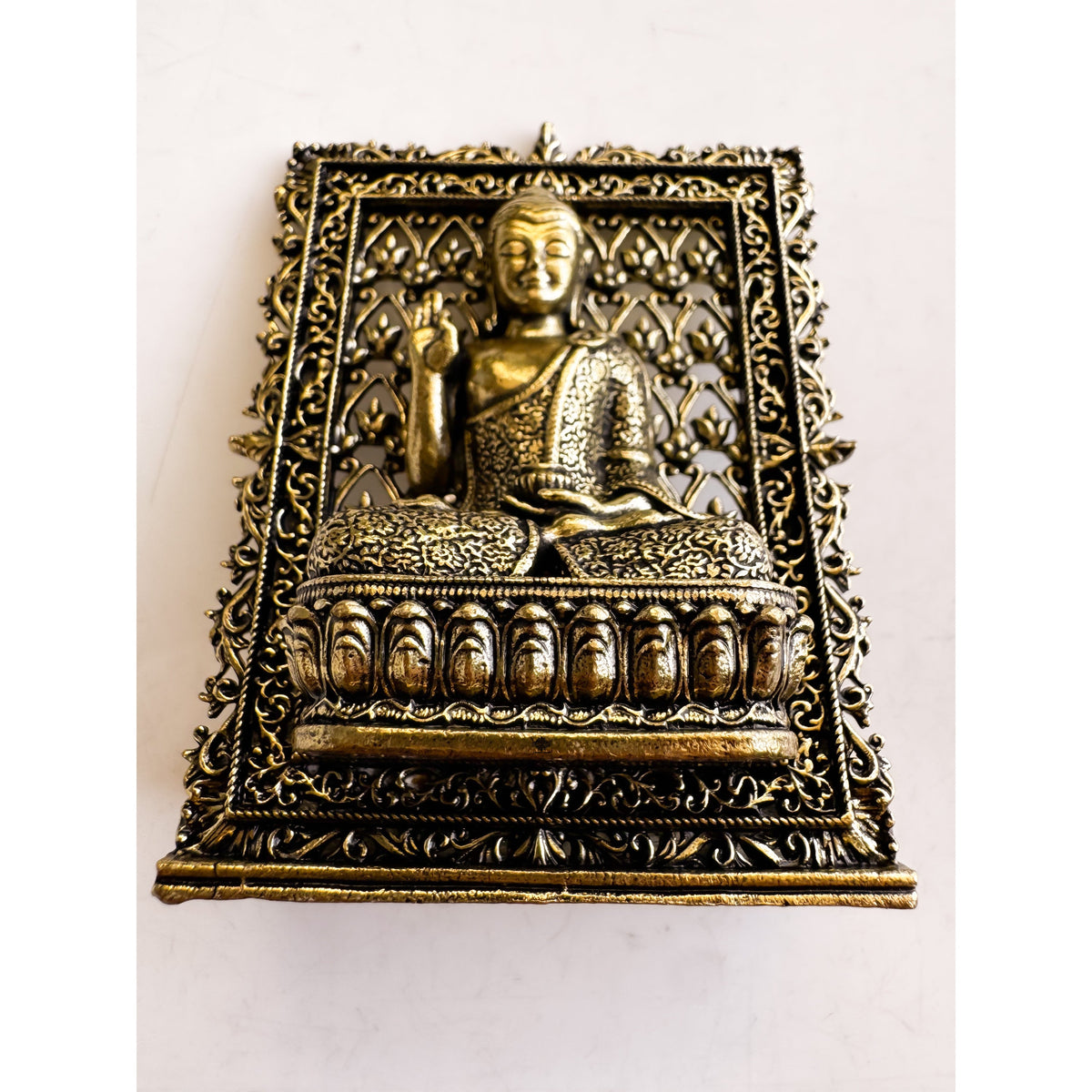 Pure Brass Miniature Buddha Statue with Ornate Decorative Border - 7.29 cm