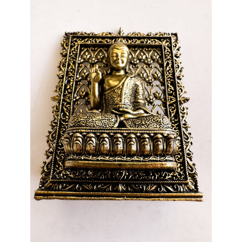 Pure Brass Miniature Buddha Statue with Ornate Decorative Border - 7.29 cm
