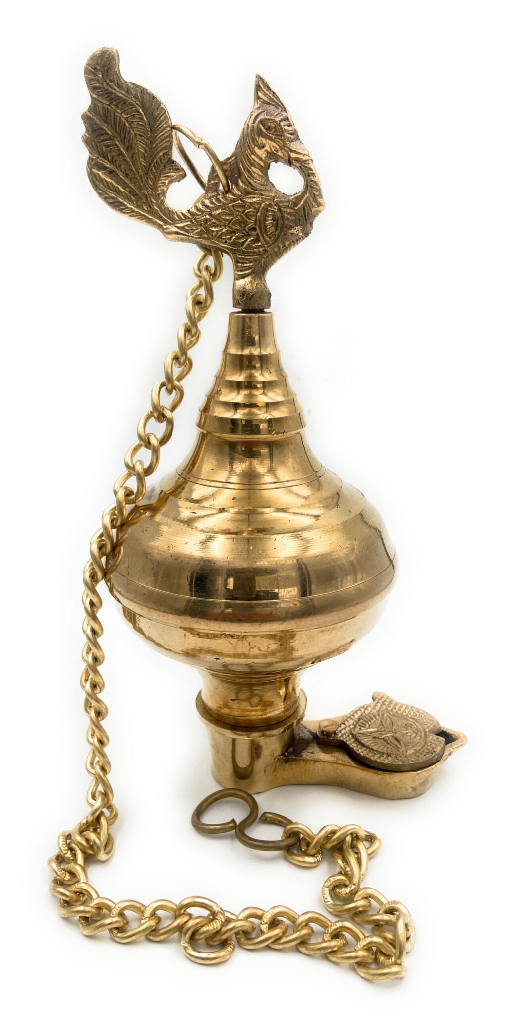 Handcrafted Brass Hanging Pooja Lamp Diya, Traditional Peetal Pittal Pitala Ceiling Lantern for Lakshmi, Saraswati, Durga & Deepam Lighting,Gold, 9.5 Inch, 1 Piece