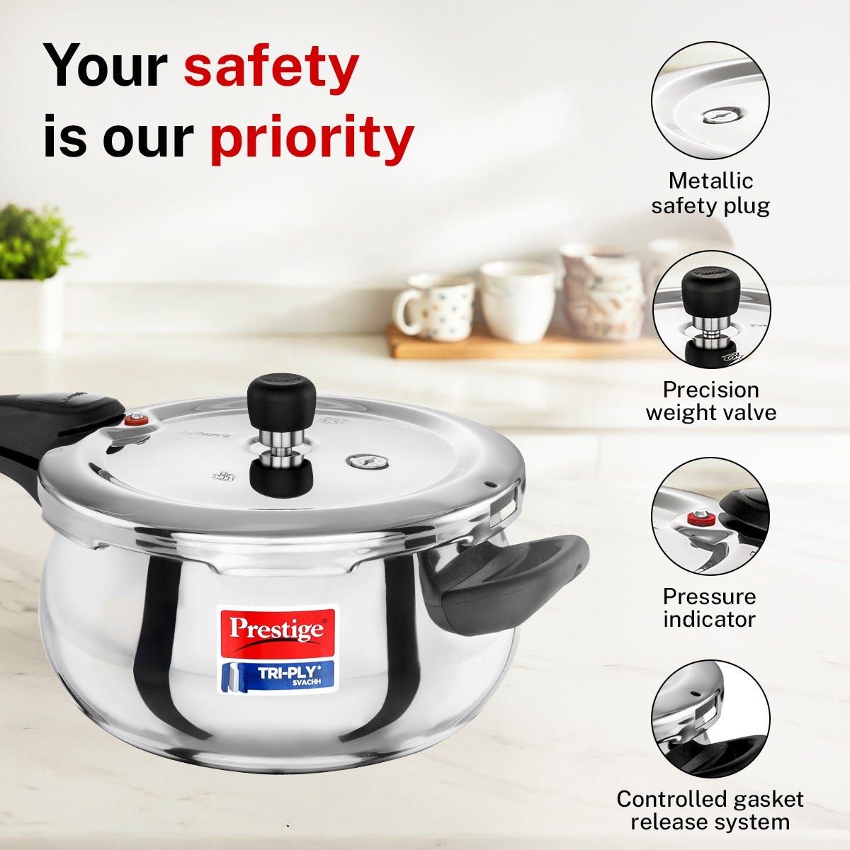 Prestige 5 Litre TRIPLY Svachh Outer Lid Handi Pressure Cooker, Deep Lid for Spillage Control, Gas & Induction Compatible + Prestige 24cm/1.7L Tri-Ply Stainless Steel Splendid Fry Pan, 15Y Warranty