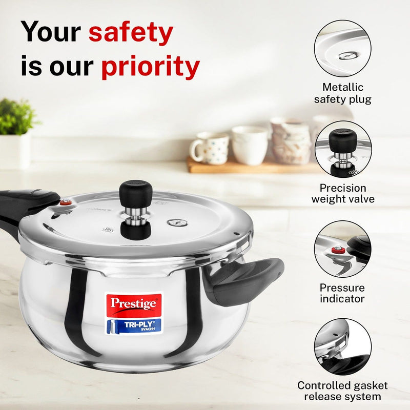 Prestige 5 Litre TRIPLY Svachh Outer Lid Handi Pressure Cooker, Deep Lid for Spillage Control, Gas & Induction Compatible + Prestige 24cm/1.7L Tri-Ply Stainless Steel Splendid Fry Pan, 15Y Warranty