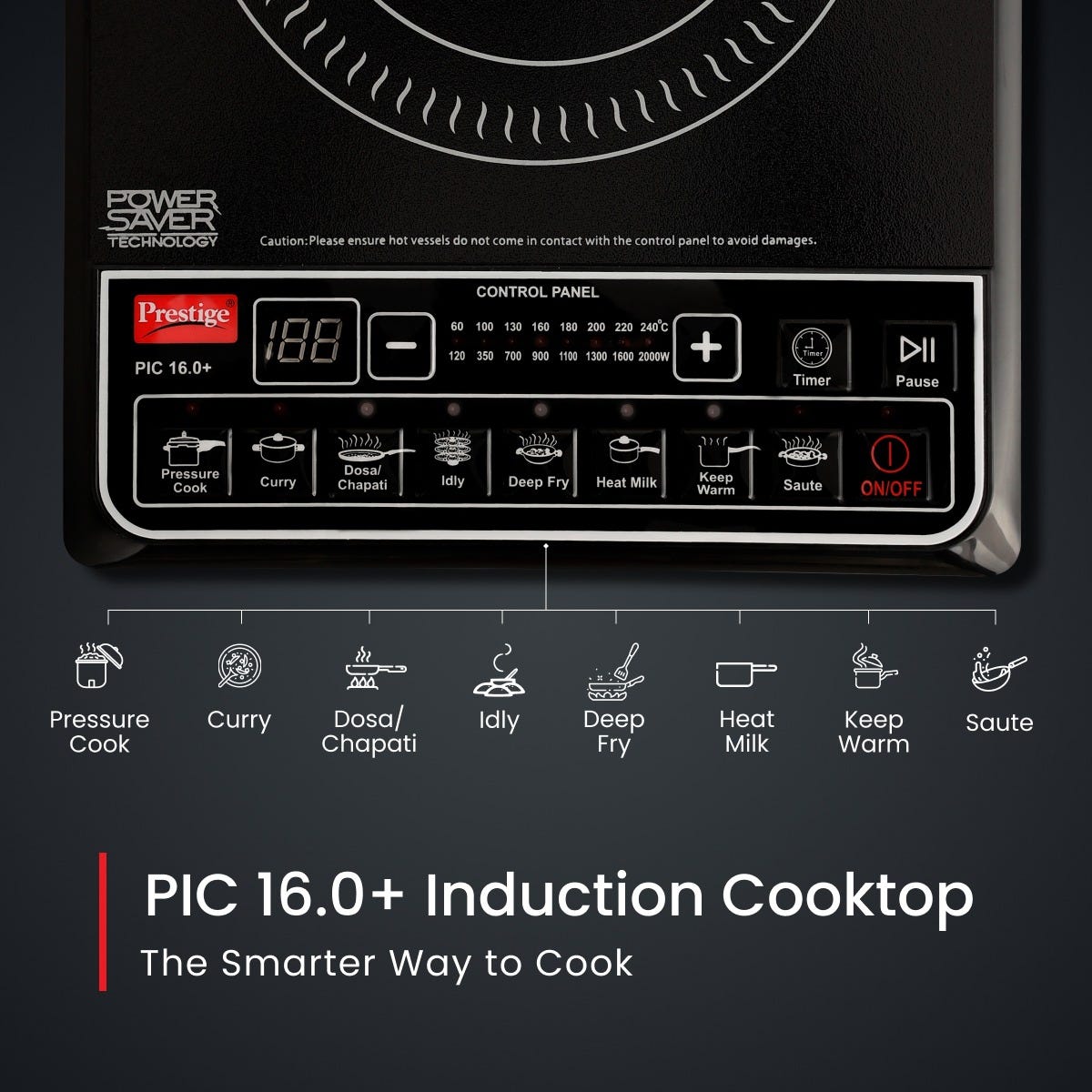 Prestige PIC 16.0 Plus 2000W Induction Cooktop, 4KV Surge Protection, 8 Indian Menus, Black + Prestige TRIPLY Splendid 4 Pc Cookware Set: Fry Pan 22cm, Kadai 22cm, Saucepan 14cm, SS Lid 24cm