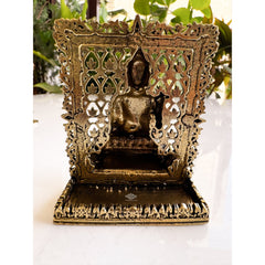 Pure Brass Miniature Buddha Statue with Ornate Decorative Border - 7.29 cm