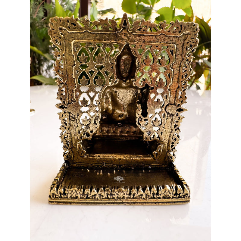 Pure Brass Miniature Buddha Statue with Ornate Decorative Border - 7.29 cm