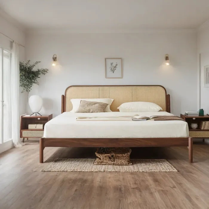 Adorn Homez Ryouta Wooden Bed with Rattan/Cane Without Storage