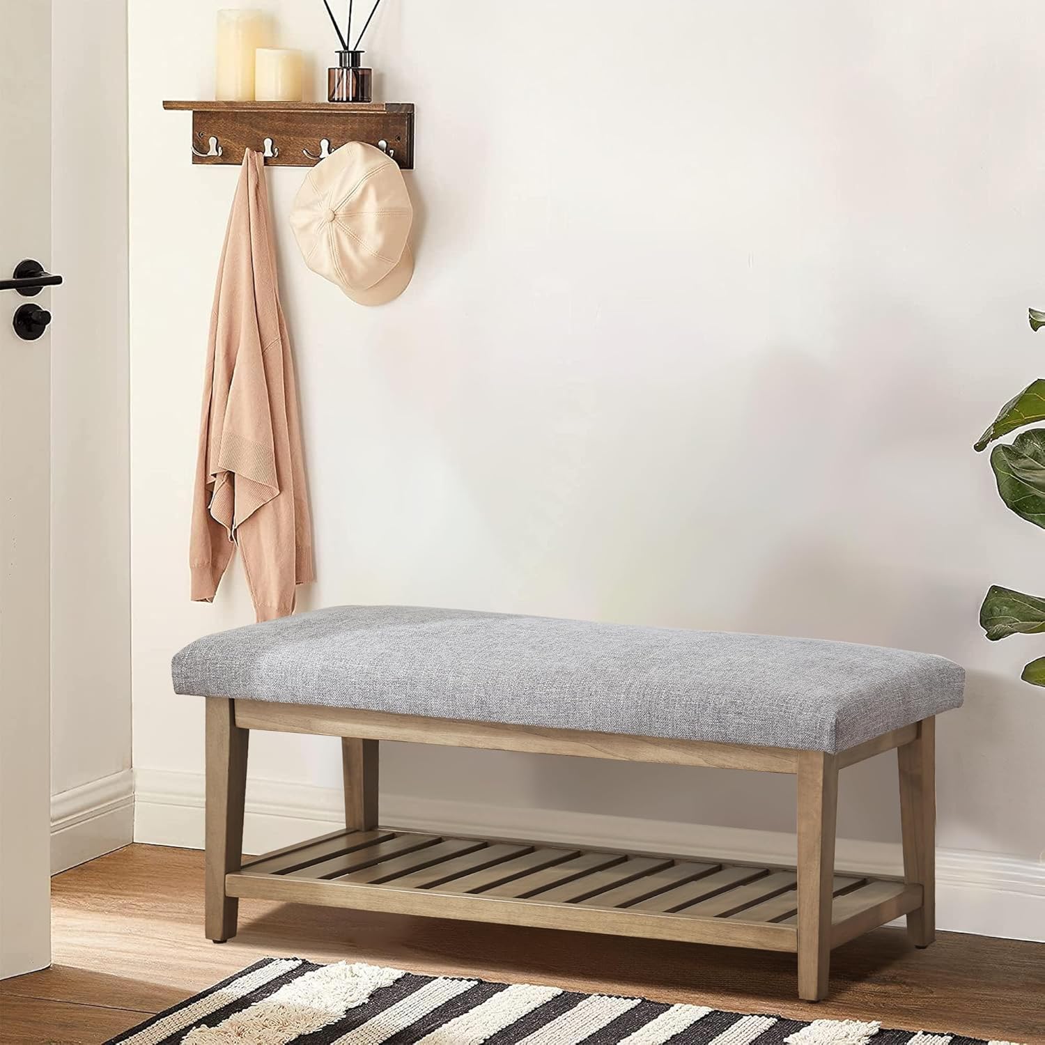 Ottoman Benches with Solid Wood Shelf, Storage Bench for Hallway, Living Room