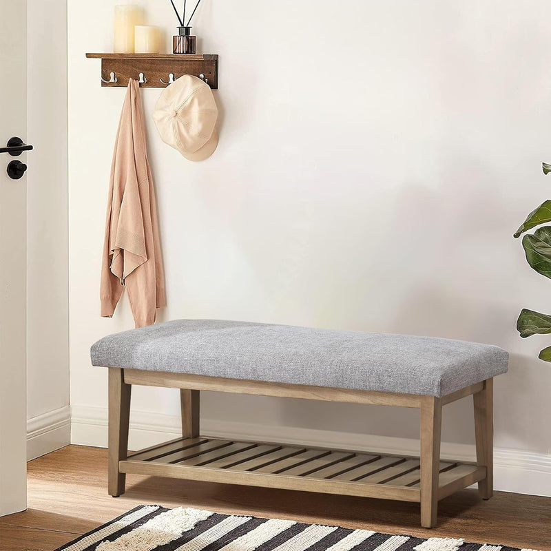 Ottoman Benches with Solid Wood Shelf, Storage Bench for Hallway, Living Room