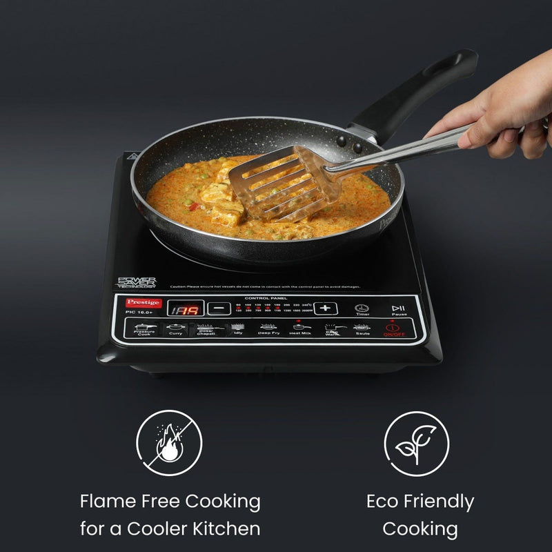 Prestige PIC 16.0 Plus 2000W Induction Cooktop, 4KV Surge Protection, 8 Indian Menus, Black + Prestige TRIPLY Splendid 4 Pc Cookware Set: Fry Pan 22cm, Kadai 22cm, Saucepan 14cm, SS Lid 24cm