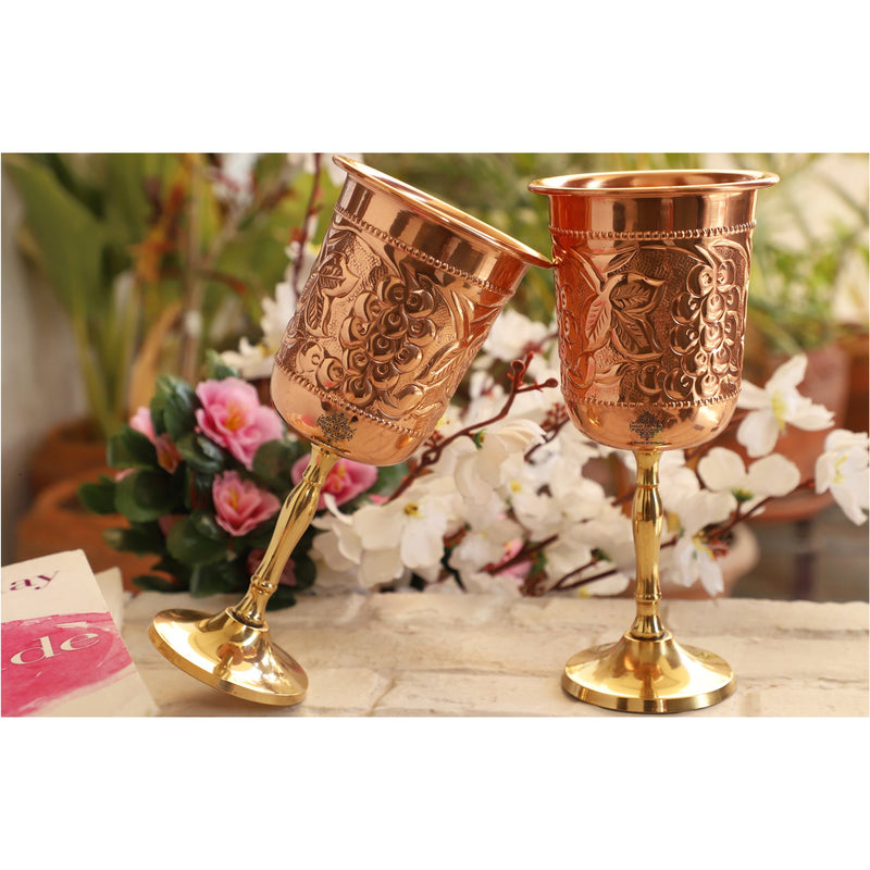 Pure Copper Wine Glass With Grape Vines Embossed Design & Brass Bottom
