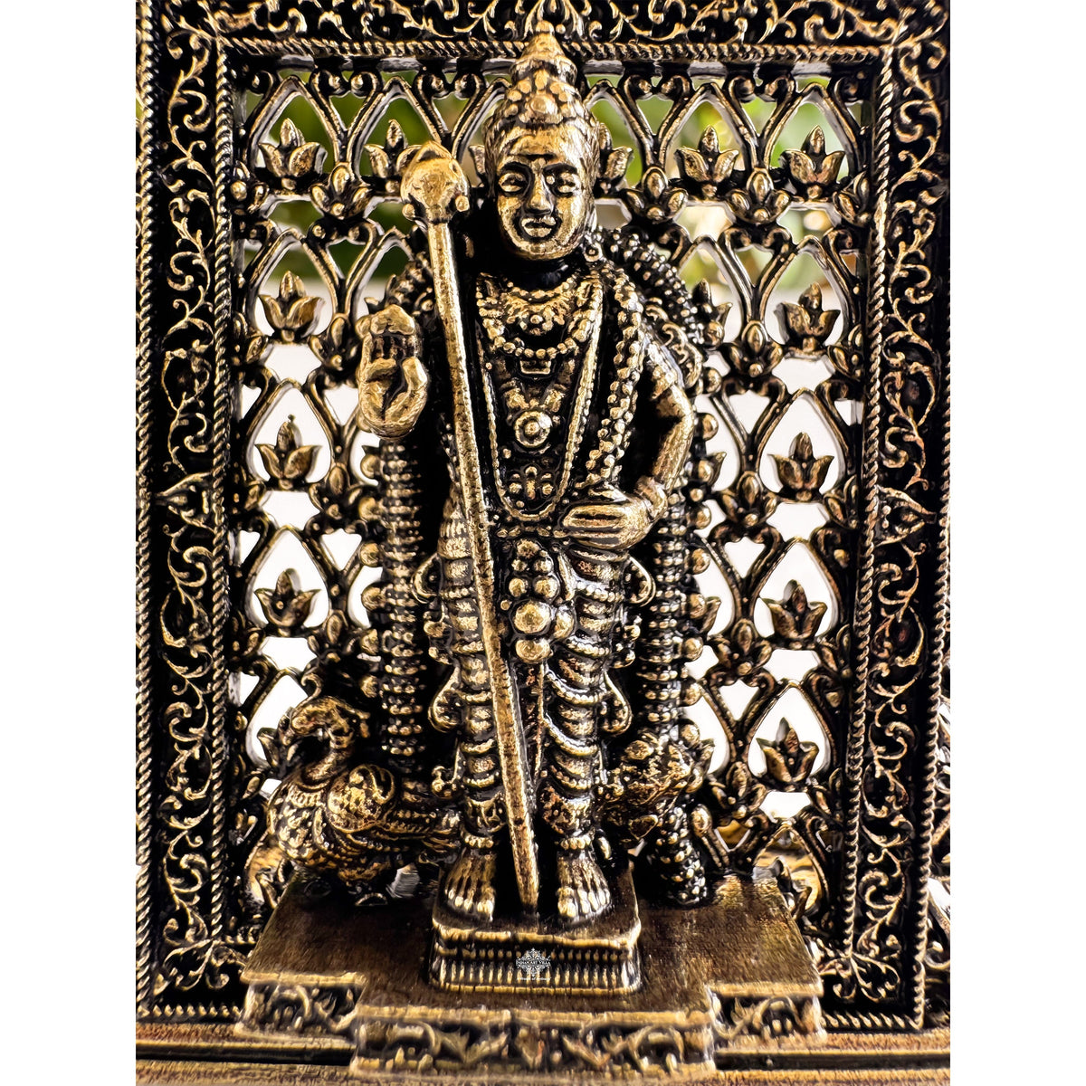 Pure Brass Miniature Murugan Ji Murti with Ornate Border - 7.37 cm