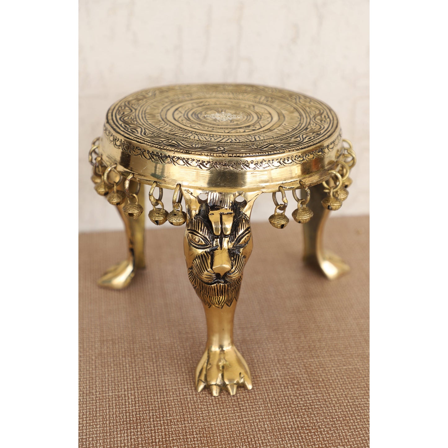 Brass Chowki with Antique Dark Deep Chakra Embossed Design, Decor Item For Home, Hotel & Restaurants, Size- 7.5x19.05 cm