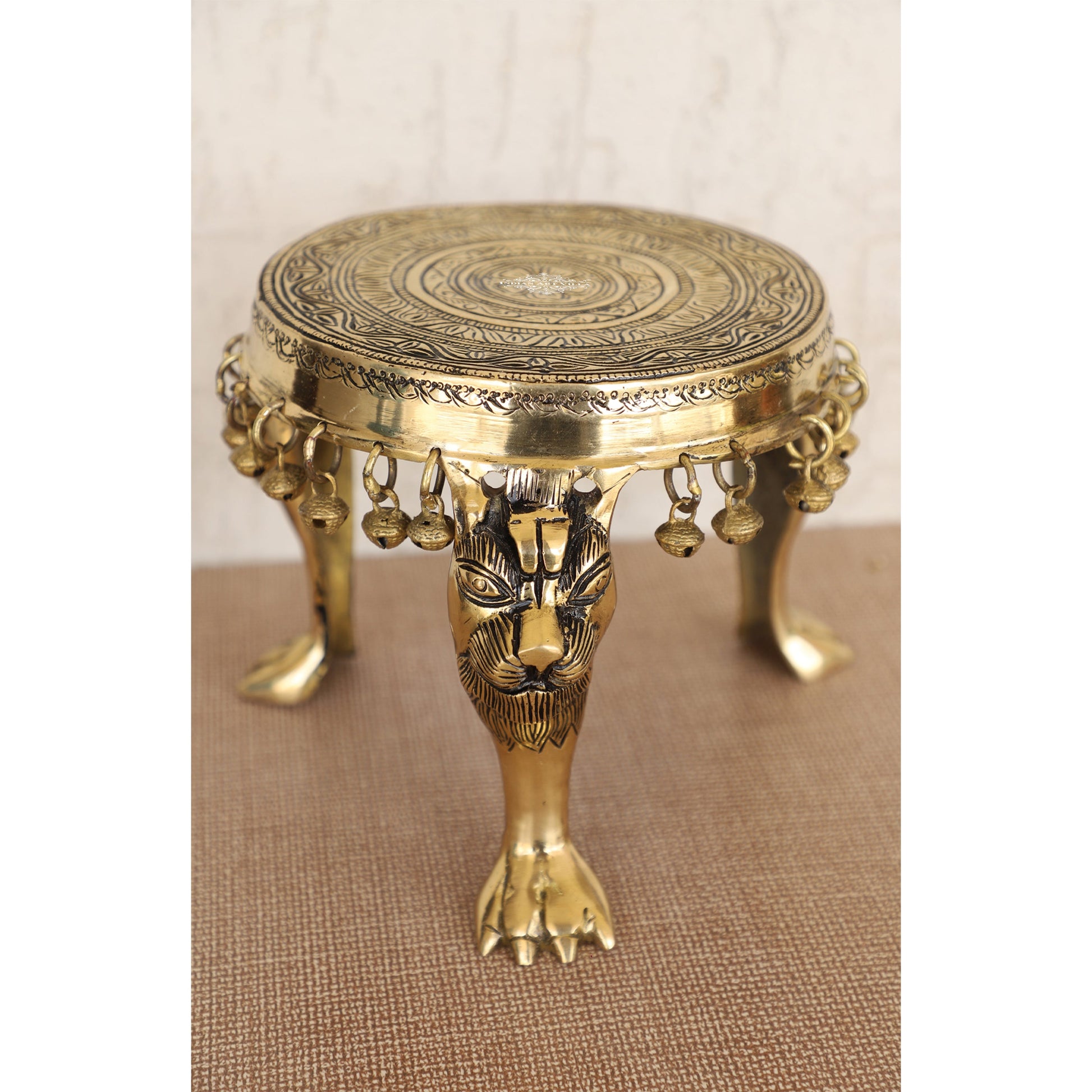 Brass Chowki with Antique Dark Deep Chakra Embossed Design, Decor Item For Home, Hotel & Restaurants, Size- 7.5x19.05 cm