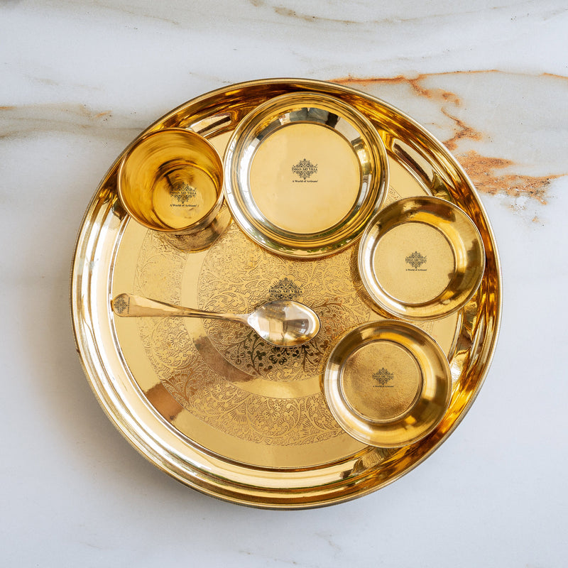 Brass Embossed Design Thali Set - Gold Dining & Gifting Set
