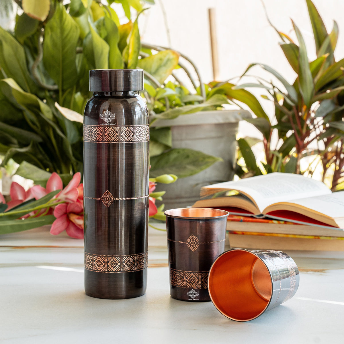 Pure Copper Drinkware Gift Set With Embossed Design