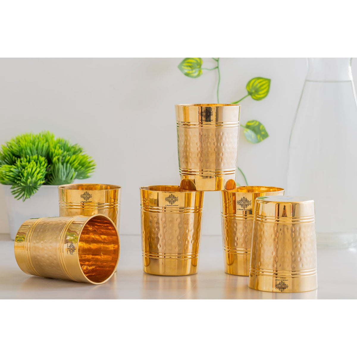 Pure Brass Hammered Lining Design Glass,220 ML