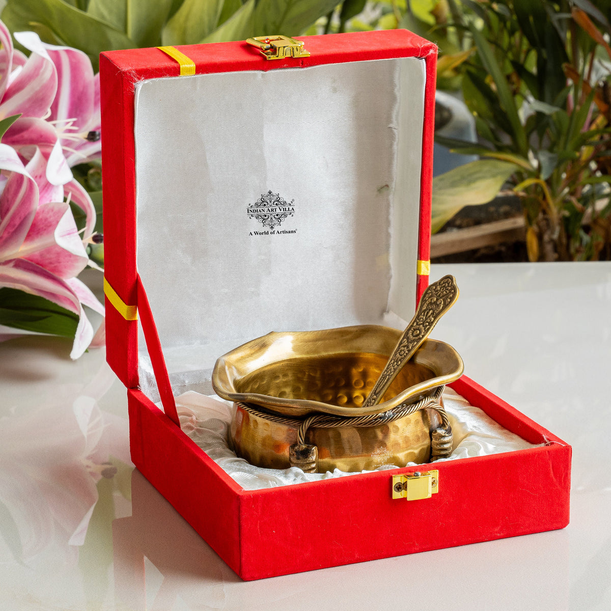 Brass Bowl & Spoon Set With Velvet Box - Hammered Design