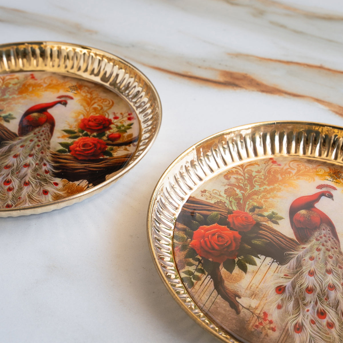 Brass Thali With Pichwai Peacock Print Set Of 2