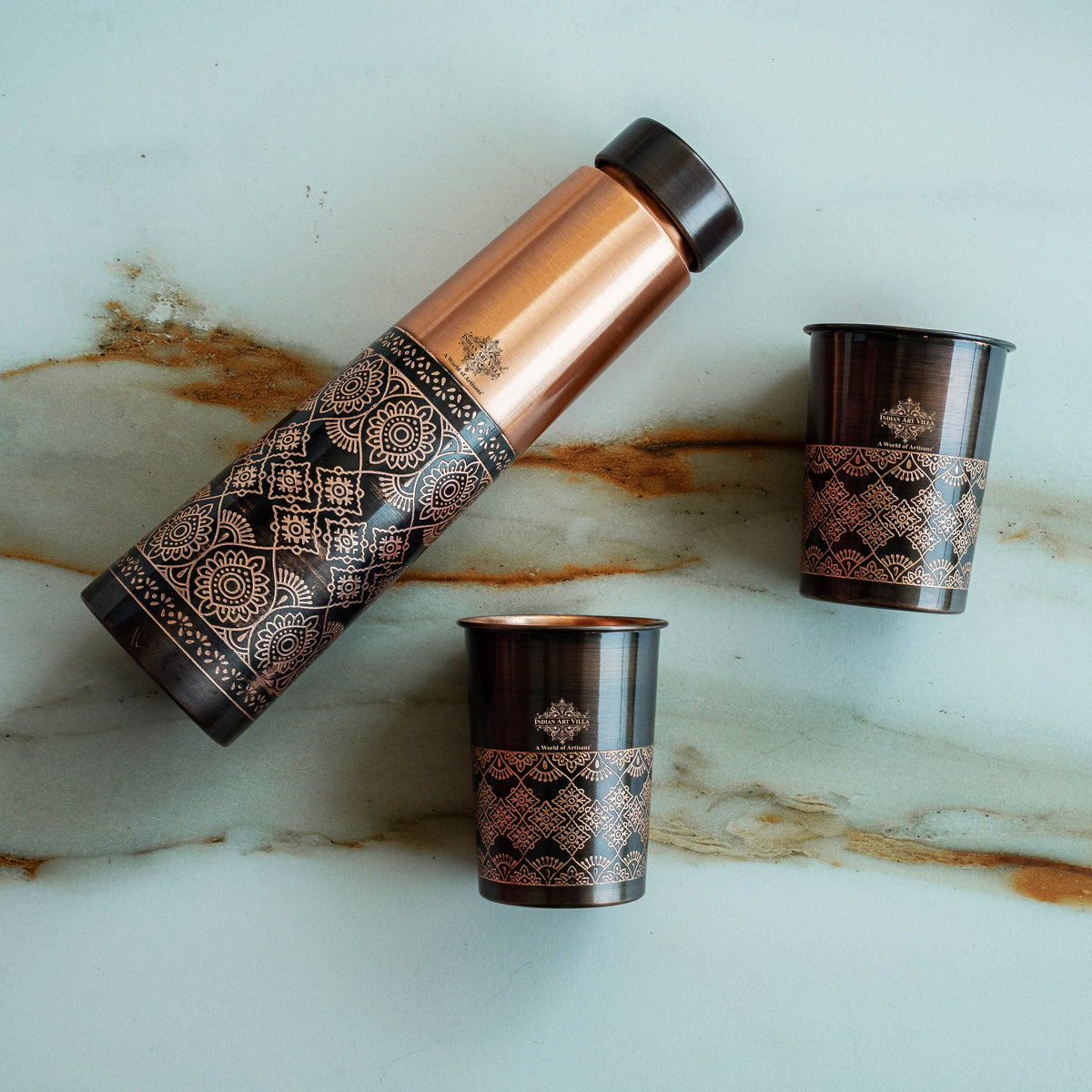 Copper Antique Finish Embossed Deisgn Bottle & 2 Glass Gift set