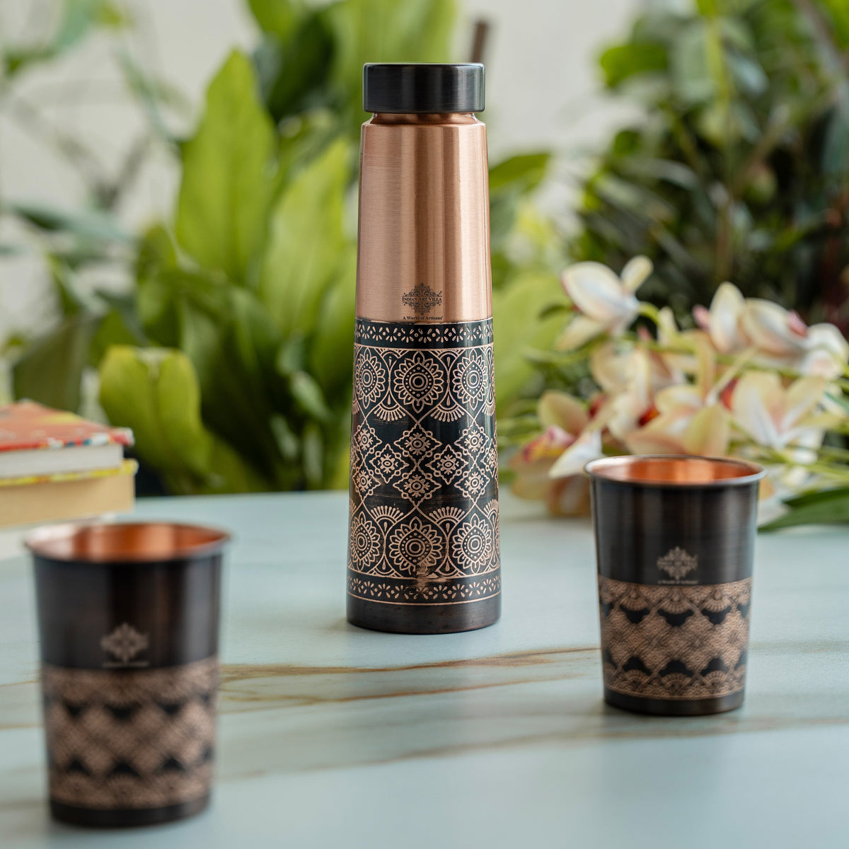 Copper Antique Finish Embossed Deisgn Bottle & 2 Glass Gift set