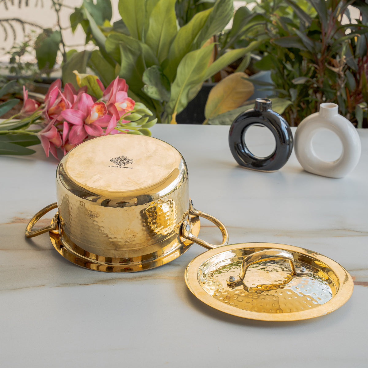 Pure Brass Pot Hammered Design With Tin Lining and Lid
