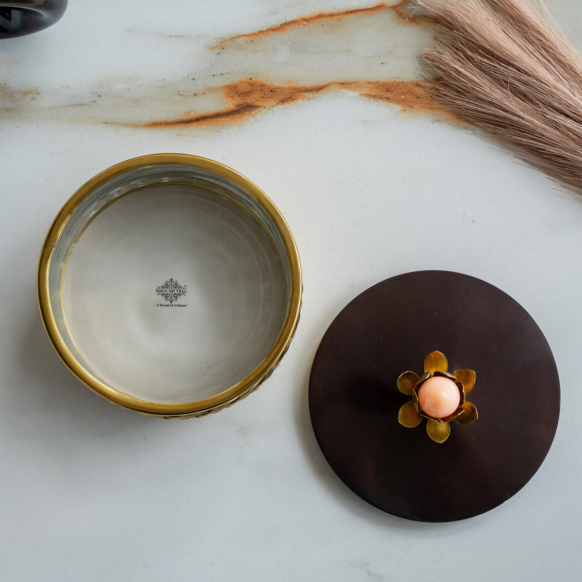 Brass Decorative Multipurpose Bowl with Lid & Lotus Design Knob