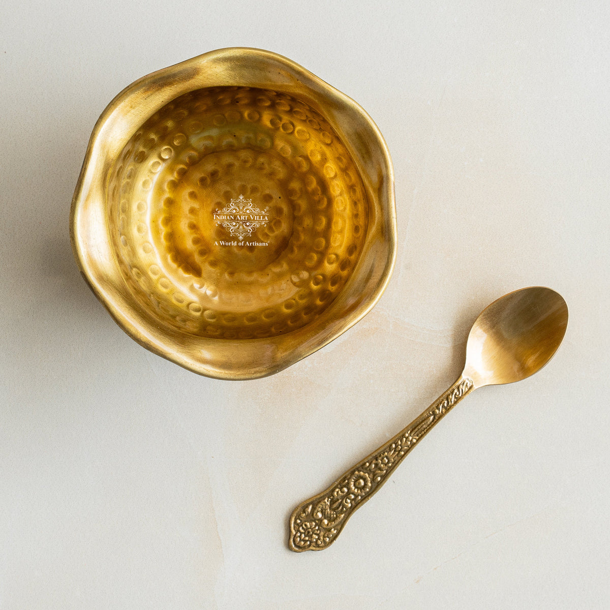 Brass Bowl & Spoon Set With Velvet Box - Hammered Design