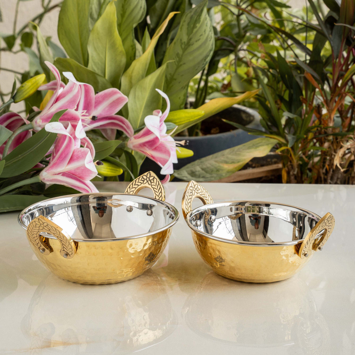 Brass Steel Kadai With Hammered Design- Tableware & Serveware