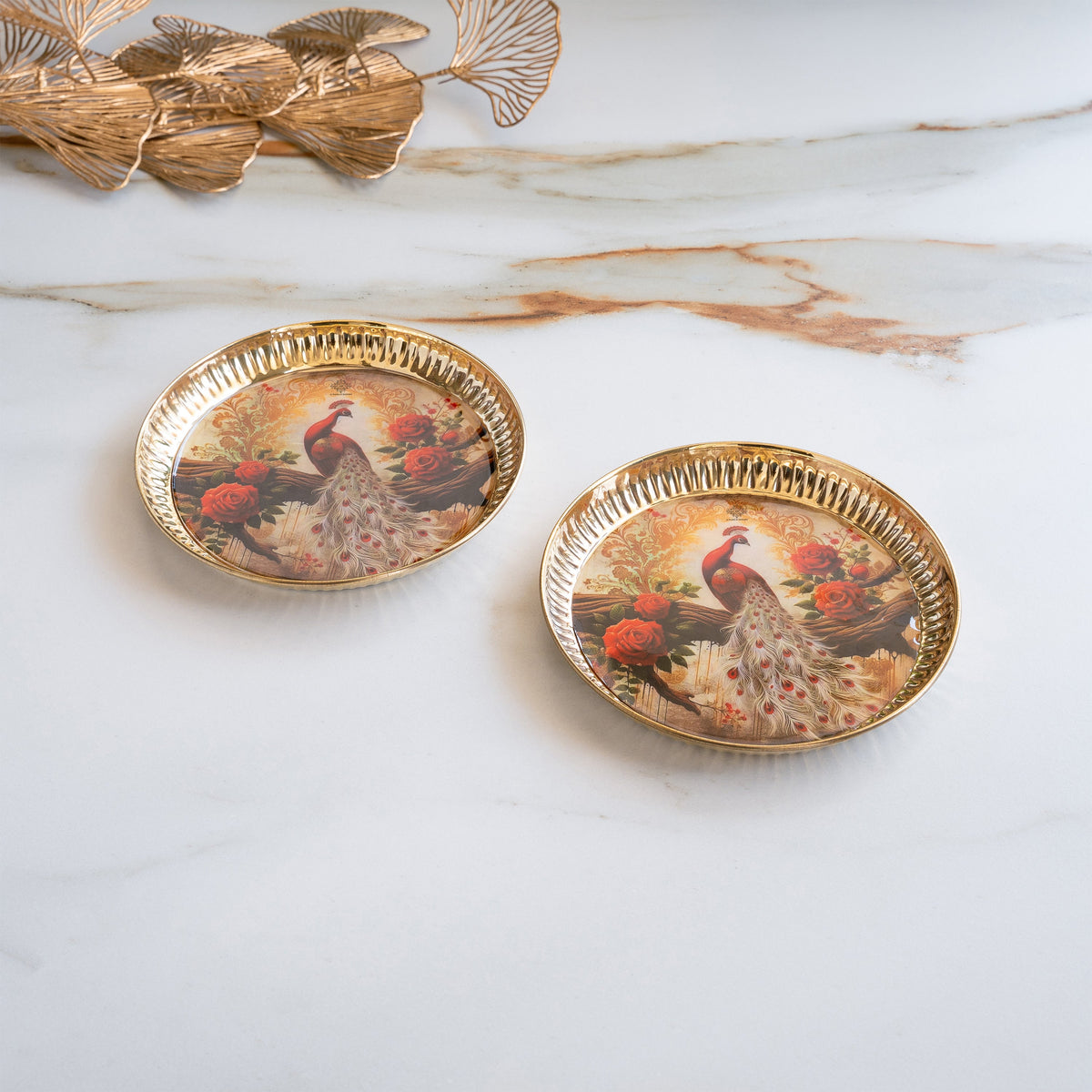 Brass Thali With Pichwai Peacock Print Set Of 2