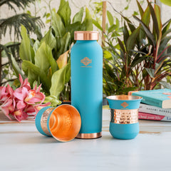 Pure Copper Drinkware Gift Set SKy Blue Color Bottle & Two Glasses