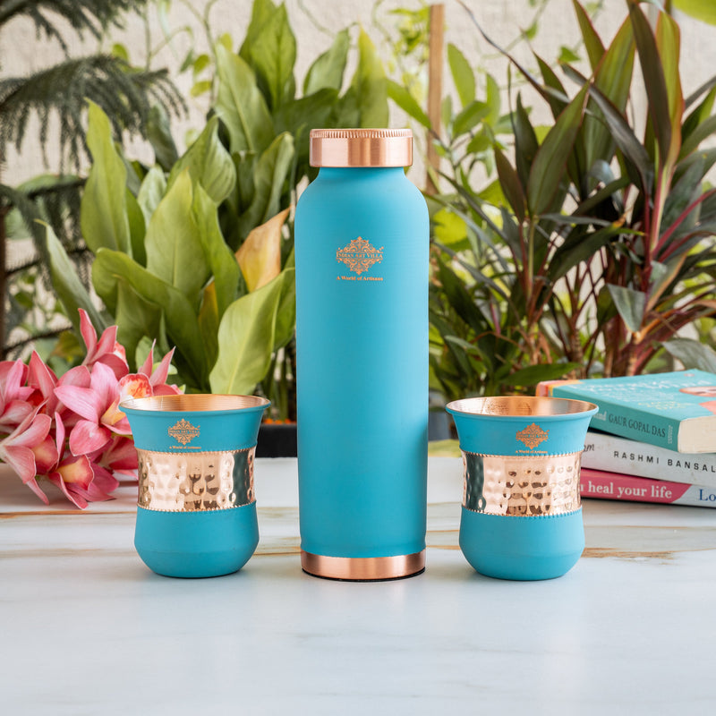 Pure Copper Drinkware Gift Set SKy Blue Color Bottle & Two Glasses