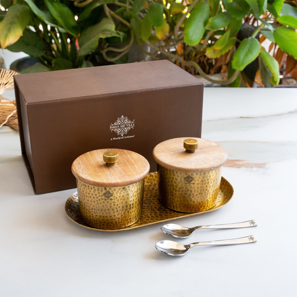 Hammered Aluminium Condiment Bowl Set with Wooden Lid & Steel Spoons