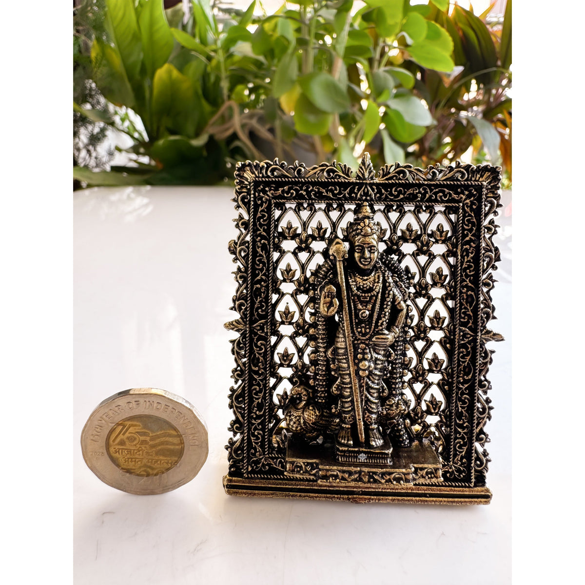 Pure Brass Miniature Murugan Ji Murti with Ornate Border - 7.37 cm
