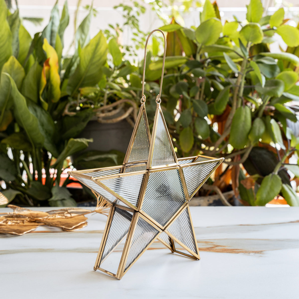 Brass & Glass Star Candle Stand with Handle- Decorative Accent