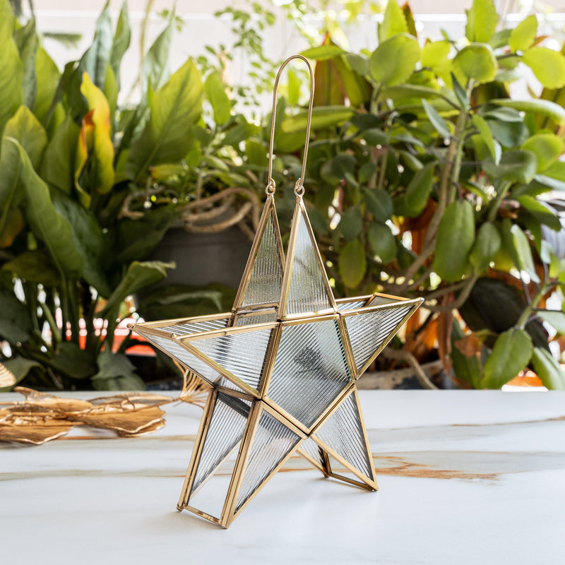 Brass & Glass Star Candle Stand with Handle- Decorative Accent