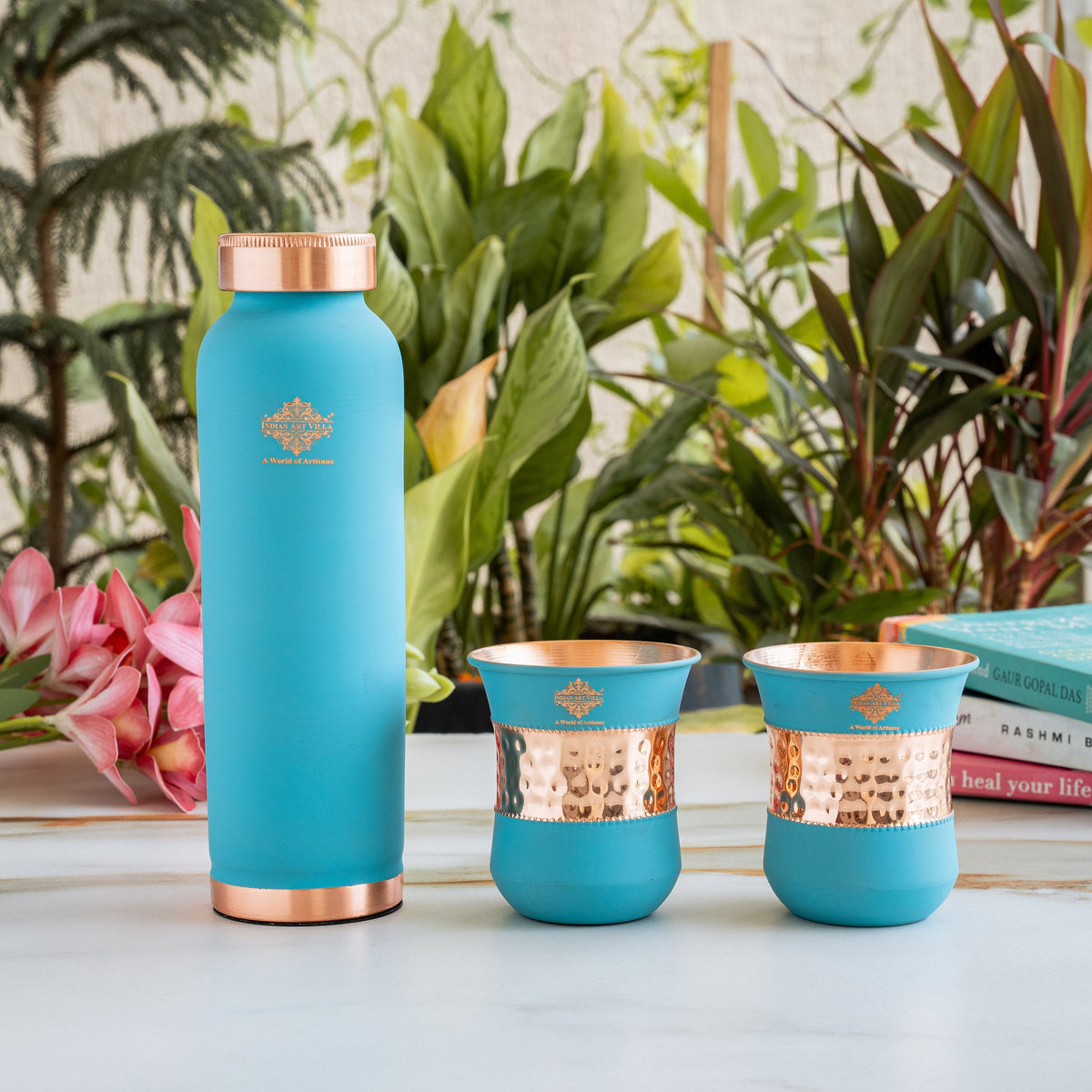 Pure Copper Drinkware Gift Set SKy Blue Color Bottle & Two Glasses