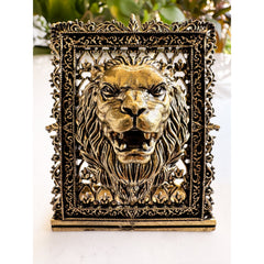Pure Brass Miniature Lion Statue with Ornate Decorative Border - 7.11 cm