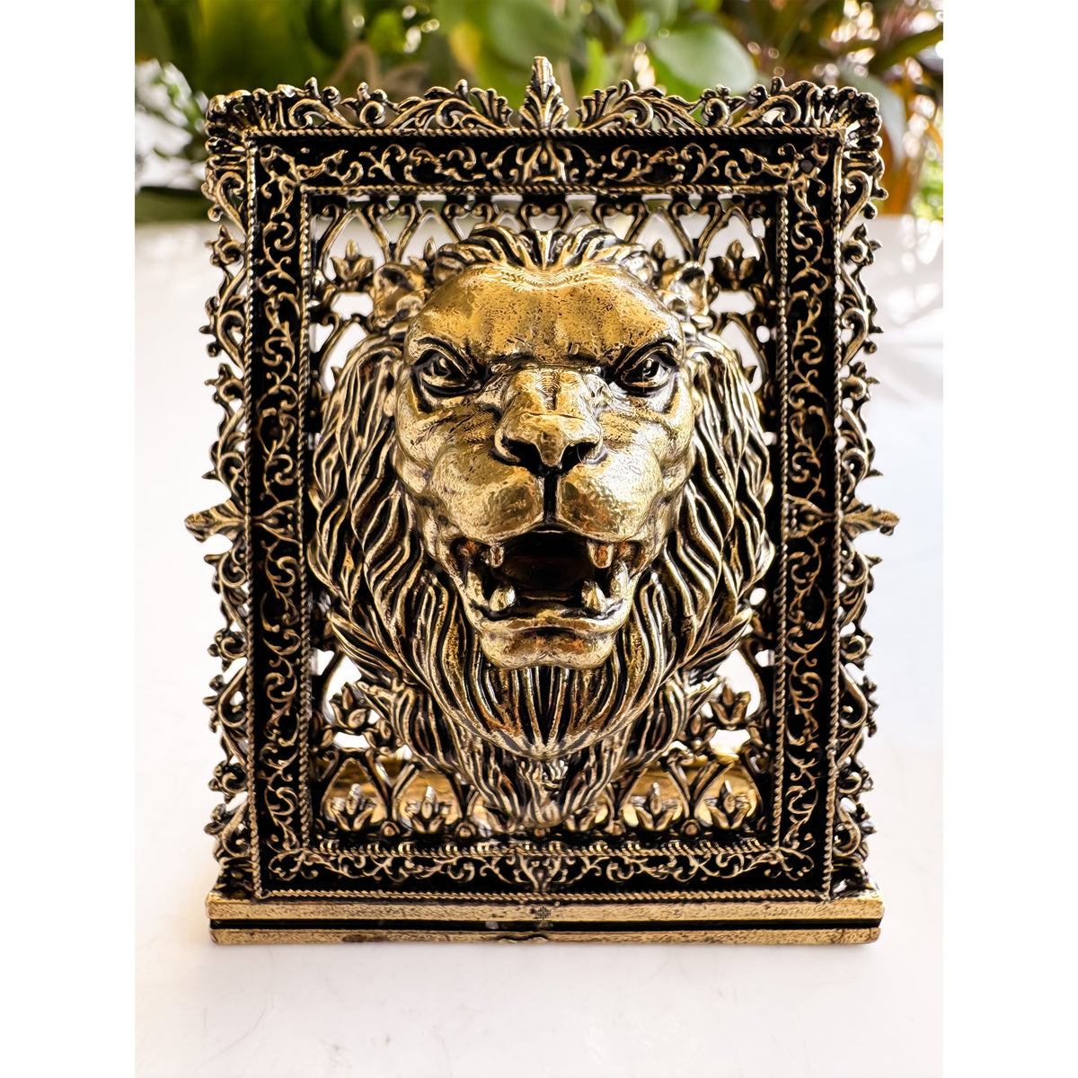 Pure Brass Miniature Lion Statue with Ornate Decorative Border - 7.11 cm