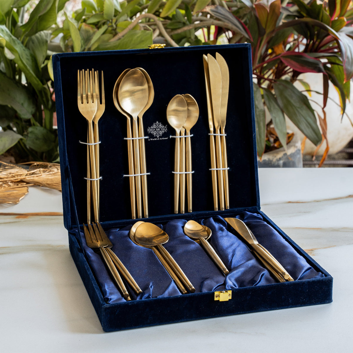 Brass Matt Finish 24 Pcs Cutlery Set with Velvet Box for Dining