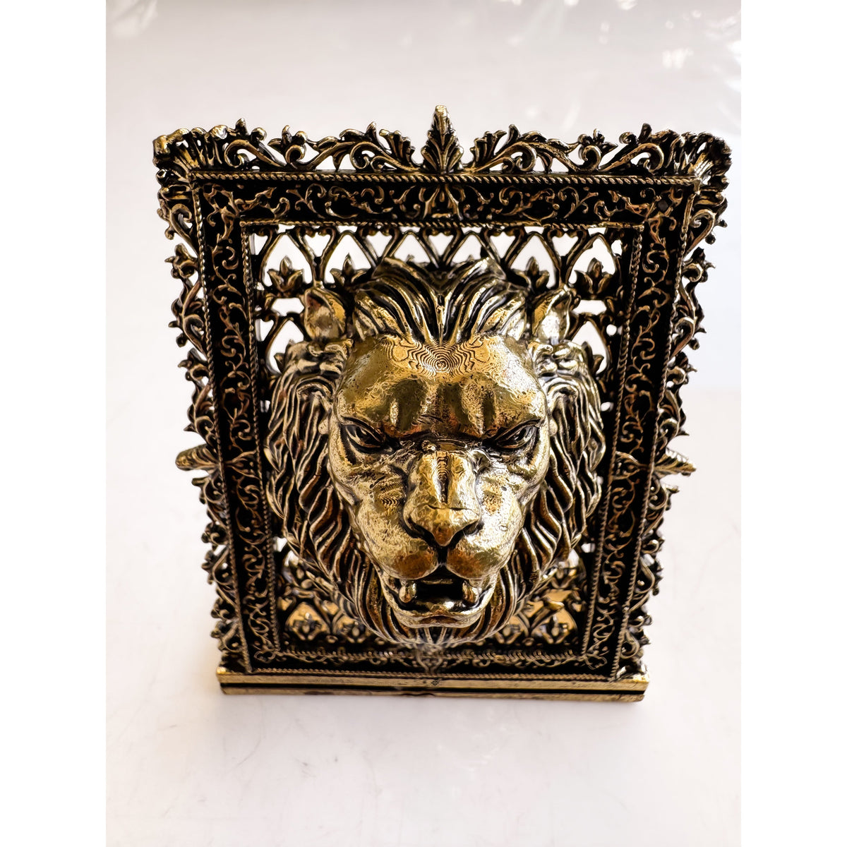 Pure Brass Miniature Lion Statue with Ornate Decorative Border - 7.11 cm