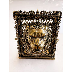 Pure Brass Miniature Lion Statue with Ornate Decorative Border - 7.11 cm