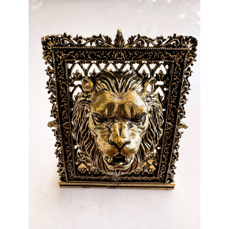 Pure Brass Miniature Lion Statue with Ornate Decorative Border - 7.11 cm