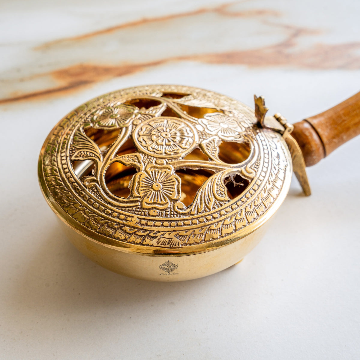 Brass Dhoopdan with Embossed Lid and Wooden Handle